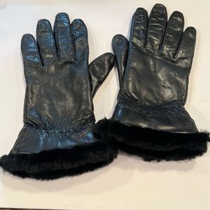 Vtg -Fownes -Black Leather Gloves-Faux Fur Cuff-Sz 8-EUC